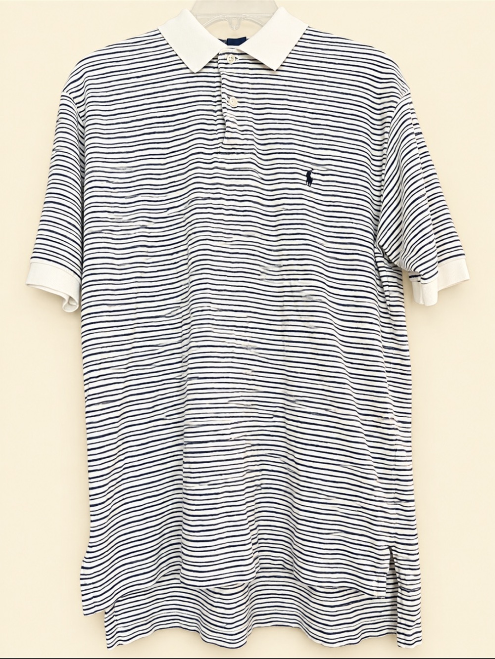 Ralph Lauren Men’s White & Grey Striped Polo Shirt-Size Large